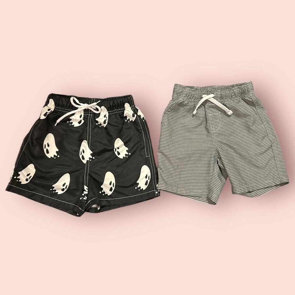 Lot of 2 Boys 3T Swim Trunks Gray Stripes Black Ghost Swimsuit Toddler Shorts